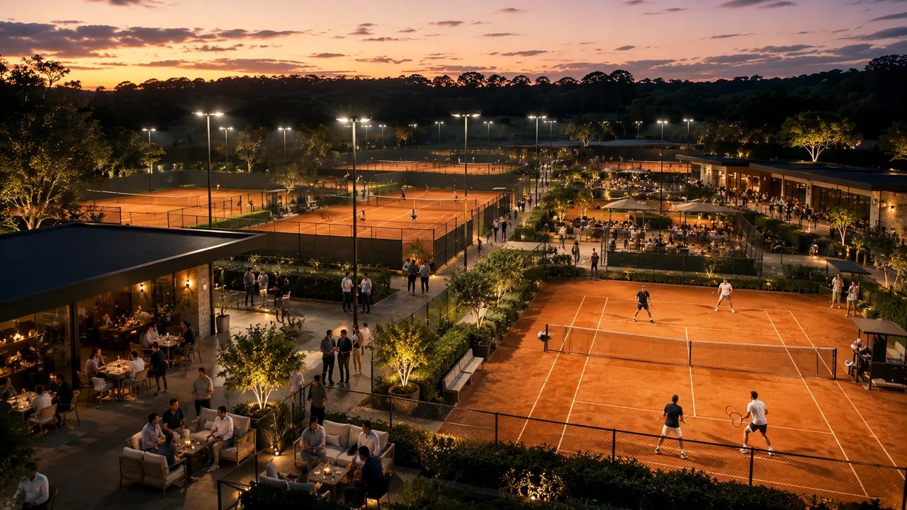 Perspectiva do Agro Club ao entardecer: lounges e mesas de convivência ao redor das quadras de saibro iluminadas